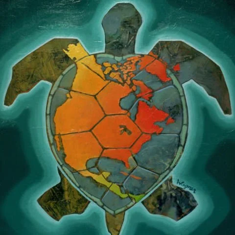 Turtle Island artwork depicting map boundaries over a sea turtle profile